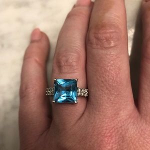 14kt White Gold Blue Topaz Ring with Diamonds